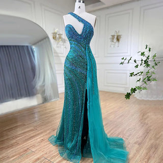 Ships in 1 to 3 Days - Blue Green Mermaid High Split One Shoulder Beaded Long Evening Dresses Gowns for Women Wedding Party