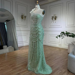 Ships in 1 to 3 Days - Sage Green One-Shoulder Mermaid Evening Gown - Luxurious Dubai Arabic Design with Pearls