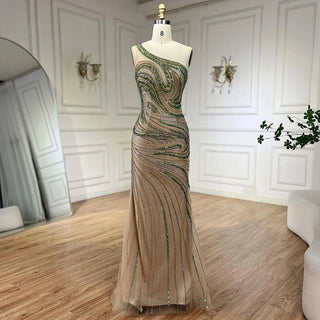 Emerald Enchantment: 2024 Green One Shoulder Mermaid Evening Gown with Long Cloak - Luxury Beaded Dress for Women's Wedding Party