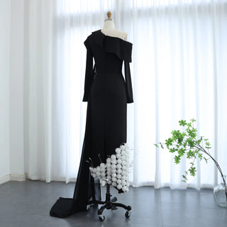 Elegant One Shoulder 3D Flowers and Feathers Black Evening Dress with Long Sleeves, Arabic Mermaid Formal Party Gowns