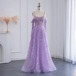 Luxurious Dubai: Beaded Lilac Evening Dress for Women - Ideal for Elegant Sage Green Long Sleeve Formal Gowns at Wedding Parties