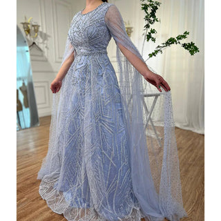 Blue Muslim A-Line Evening Dress 2024 with Cape Sleeves, Beaded Luxury - Ideal for Women's Wedding Party