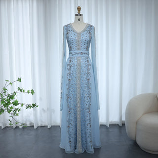 Dubai Blue Evening Dress for Women Elegant Long Sleeves Muslim Arabic Formal Wedding Party Gown