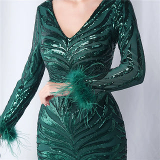 Stunning V-Neck Sequin Prom Dress with Feather-Trimmed Trumpet Skirt