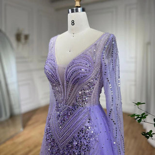 Arabia Lilac Elegant Mermaid Evening Dress with Overskirt - Luxury Beaded Gown for Women's Wedding Party 2024