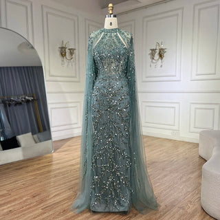 2024 Arabic Turquoise Cap Sleeve Mermaid Beaded Luxury Dubai Evening Dress Gown for Women Wedding Party