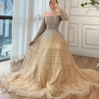 Dubai Decadence: Brown Off-Shoulder Long Sleeve Arabic Gala Gown