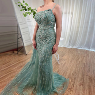 Elegant Blue Mermaid Evening Gown 2024: One Shoulder with Overskirt, Luxury Beaded for Women's Party