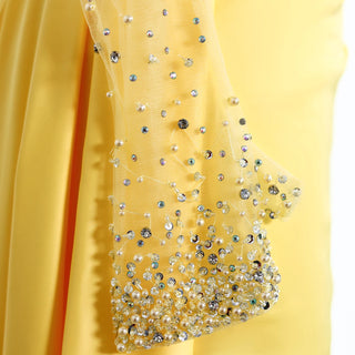 Elegant Sweetheart Yellow Satin Evening Dress - Beaded Pearls Gown with Gloves for Arabic Women’s Wedding Parties