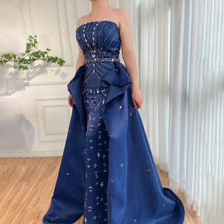 2024 Blue Strapless Mermaid Evening Gown with Overskirt: Beaded Elegance for Formal Occasions - Women's Party Attire