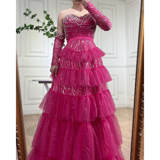 Fuchsia A-Line Elegant Sweetheart Off-Shoulder Tiered Beaded Evening Dress: 2024 Prom Gown for Women's Party