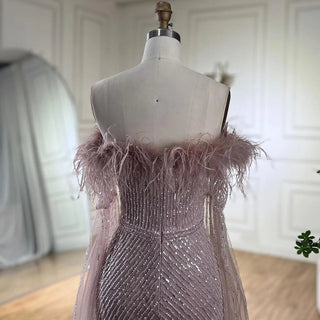 Pink Cape Sleeves Mermaid Yellow Evening Dresses Gowns Luxury Beaded Feathers For Women Wedding Party 2024