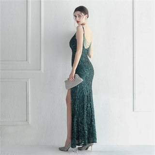 Backless Sexy Slit Long Sequin Evening Dress - Luxury Beaded Stretch Sleeveless Cocktail Party Prom Dress