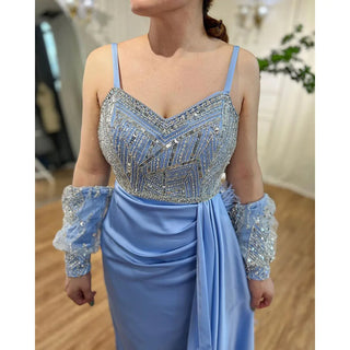 Arabic Blue Elegant Mermaid Evening Dress: Puff Sleeves with Beaded Feathers, Luxury Dubai Design for Women's Party