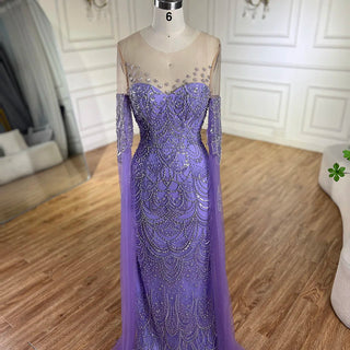 2024 Arabic Lilac Cape Sleeve Mermaid Luxury Dubai Evening Gown Beaded Dress for Women's Party