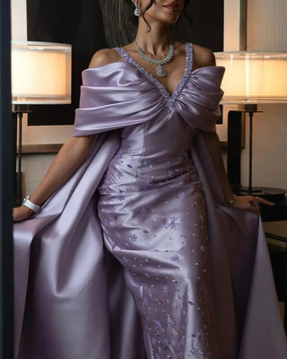 2024 Dubai Arabic Purple Satin Elegant Long Cloak Evening Dress - Luxury Beaded Party Gown for Women's Wedding