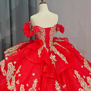 Shiny Red Sweetheart Lace Embroidery Quinceañera Party Gown