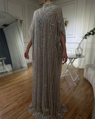 Luxury Dubai Silver Nude Mermaid Evening Dress with Cape Arabic Gowns with Beaded Details for Women's Party 2024