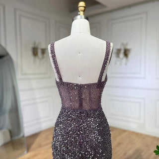 Purple Spaghetti Straps Mermaid Beaded Party High Split Evening Dress - Gown for Women's Wedding Party 2024