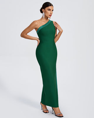 Ships in 1 to 3 Days -Elegant Emerald One-Shoulder Maxi Dress with Glitter Trim