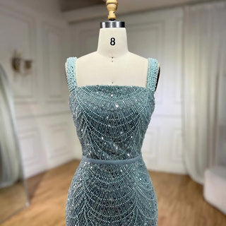 Ships in 1 to 3 Days - Turquoise Mermaid Evening Gown with Beaded Pearls, Spaghetti Straps, and Floor-Length Hem - Women's Party Dress 2024