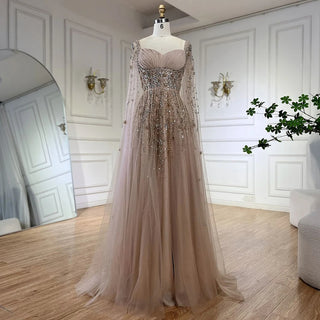 Ships in 1 to 3 Days - Arabic Champagne Dubai Evening Dresses Luxury Celebrity Beaded Tassel High Slit Women Wedding Party Dress