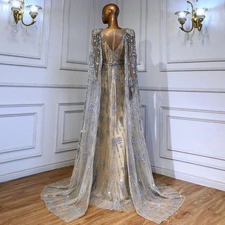 Ships in 1 to 3 Days - Gold Luxury Cape Sleeve Evening Dress - Beaded A-Line High-end Gown, 2024, for Women's Party