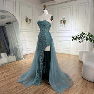 Ships in 1 to 3 Days - Arabic Turquoise Strapless High-Split Mermaid Beaded Luxury Evening Gown for Women Wedding Party 2024