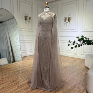 Ships in 1 to 3 Days - Arabic Caramel Elegant Mermaid Evening Dress with Cape Sleeves - Beaded Celebrity Gown for Women's Party