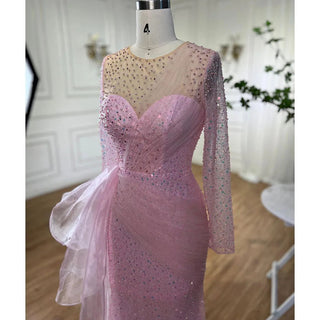 Pink Arabic Mermaid Evening Dress - Elegant With Skirt, Luxury Pearls Beaded Gown for Women's Party 2024