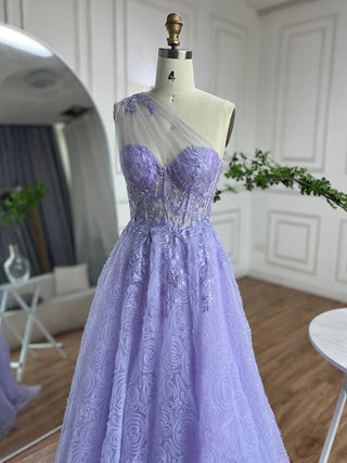 2024 Arabic Lilac One-Shoulder A-Line Lace Appliques Luxury Prom Dress for Women's Party