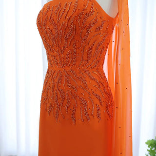 Arabic Orange Strapless Evening Dress with Cape Sleeve for Women, Luxury Dubai Formal Party Gowns