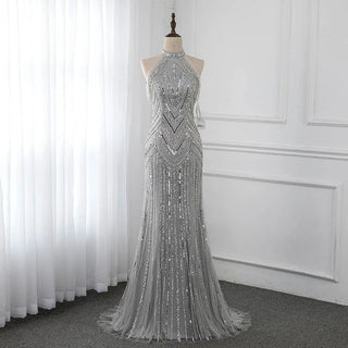 Ships in 1 to 3 Days - Silver Halter Sleeveless Evening Dress - Luxury Mermaid Beading Sequined Gown