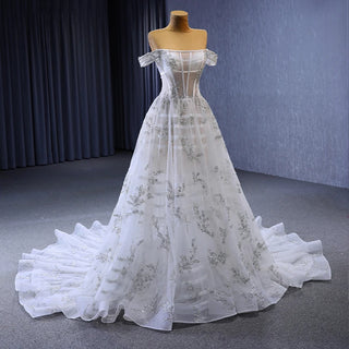 New Design 2023 Boat Neck Off-The-Shoulder Illusion Lace-Up Chapel Train Wedding Dress