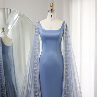 Luxury Crystal Blue Mermaid Dubai Evening Dresses with Cape Sleeves: Elegance for Arabic Women's Wedding Party Gowns