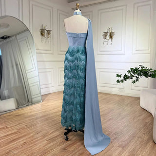 2024 Arabic Blue Ankle-Length Mermaid Evening Gown with Long Cloak - Beaded Luxury, Perfect for Women's Wedding Parties