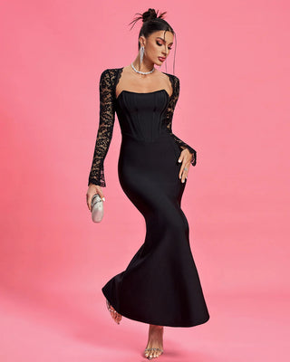 2024 Black Lace Flower Long Sleeve Bandage Gown - Elegant Maxi Evening Dress for Women