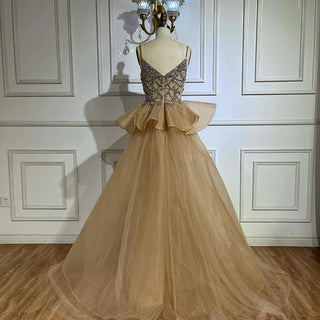 Nude Beaded Spaghetti Strap Evening Gown with Overskirt – Custom 2025 Saudi Design