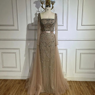 Ships in 1 to 3 Days - Arabic Nude Mermaid Beaded Luxury Dubai Long Evening Dress with 2-in-1 Skirt and Overskirt for Women's Party 2024