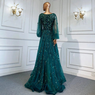 Muslim Green A-Line Luxury Evening Dress 2024: O-Neck, Puff Sleeves, Beaded, for Woman Party