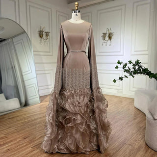 Ships in 1 to 3 Days - Arabic Caramel Mermaid Elegant Cape Sleeves Beaded Satin Luxury Evening Dresses Gowns for Women Party 2024