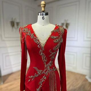 Ships in 1 to 3 Days - Arabic Red Mermaid Dresses for Women, Elegant Tassel, Beaded, Luxury, Dubai Evening Gowns, Wedding Party.