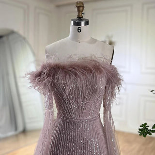 Pink Cape Sleeves Mermaid Yellow Evening Dresses Gowns Luxury Beaded Feathers For Women Wedding Party 2024