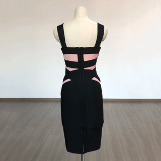 Ships in 1 to 3 Days - Sleek Black Bandage Midi Dress with Mesh Cut-Outs