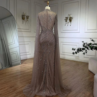 Ships in 1 to 3 Days - 2024 Nude Cape Sleeves Mermaid Lace Beaded Luxury Dubai Long Evening Dress - Perfect for Women's Wedding Parties