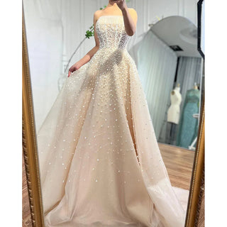 Ships in 1 to 3 Days –Arabic Beige A-Line Evening Dress 2024: Strapless, Beaded, Elegant - Ideal for Women's Wedding Party