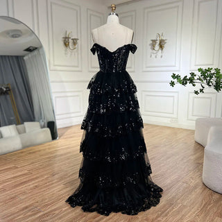 Arabic Black High Split Spaghetti Strap A-Line Lace Beaded Evening Dresses Gowns for Women's Wedding Party