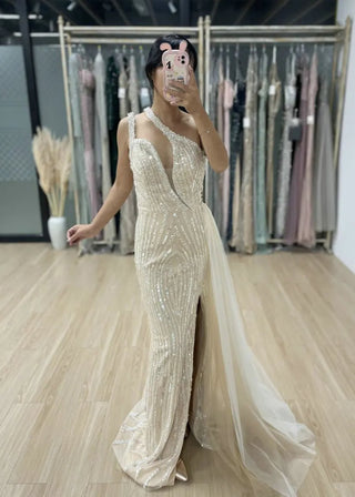 Gorgeous Arabic One-Shoulder Beaded Evening Dress - Sexy Mermaid Gown with High Slit for Wedding Guests and Bride Parties