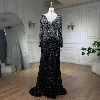 Elegant 2024 Dubai Black Mermaid Evening Dresses: Luxury V-Neck, Long Sleeves, Ideal for Arabic Women's Formal Party Gowns