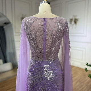 Luxury Dubai Arabic Lilac Cape Sleeves Mermaid Beaded Evening Dresses Gowns for Women